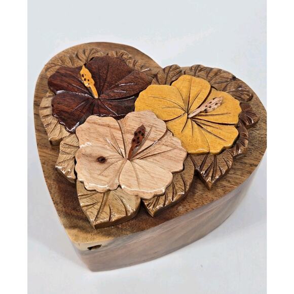 Unbranded Other - Wooden Carved Heart Hibiscus Floral Flower Puzzle Trinket Jewelry Box